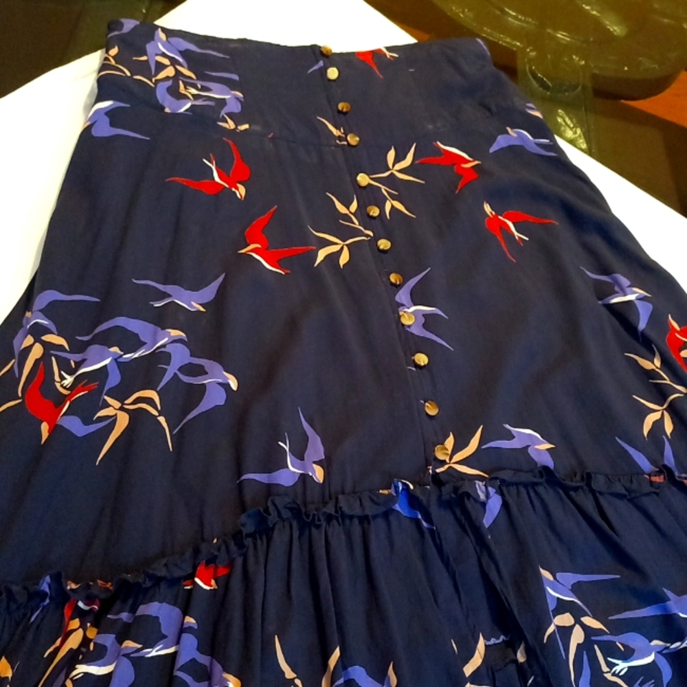 NWT Anthro Maeve Merida bird midi skirt size 8 hem hi low navy maxi button from